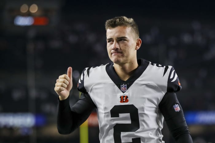 Sep 29, 2022; Cincinnati, Ohio, USA; Cincinnati Bengals place kicker Evan McPherson (2) walks off the field after their victory over the Miami Dolphins at Paycor Stadium. Mandatory Credit: Katie Stratman-USA TODAY Sports